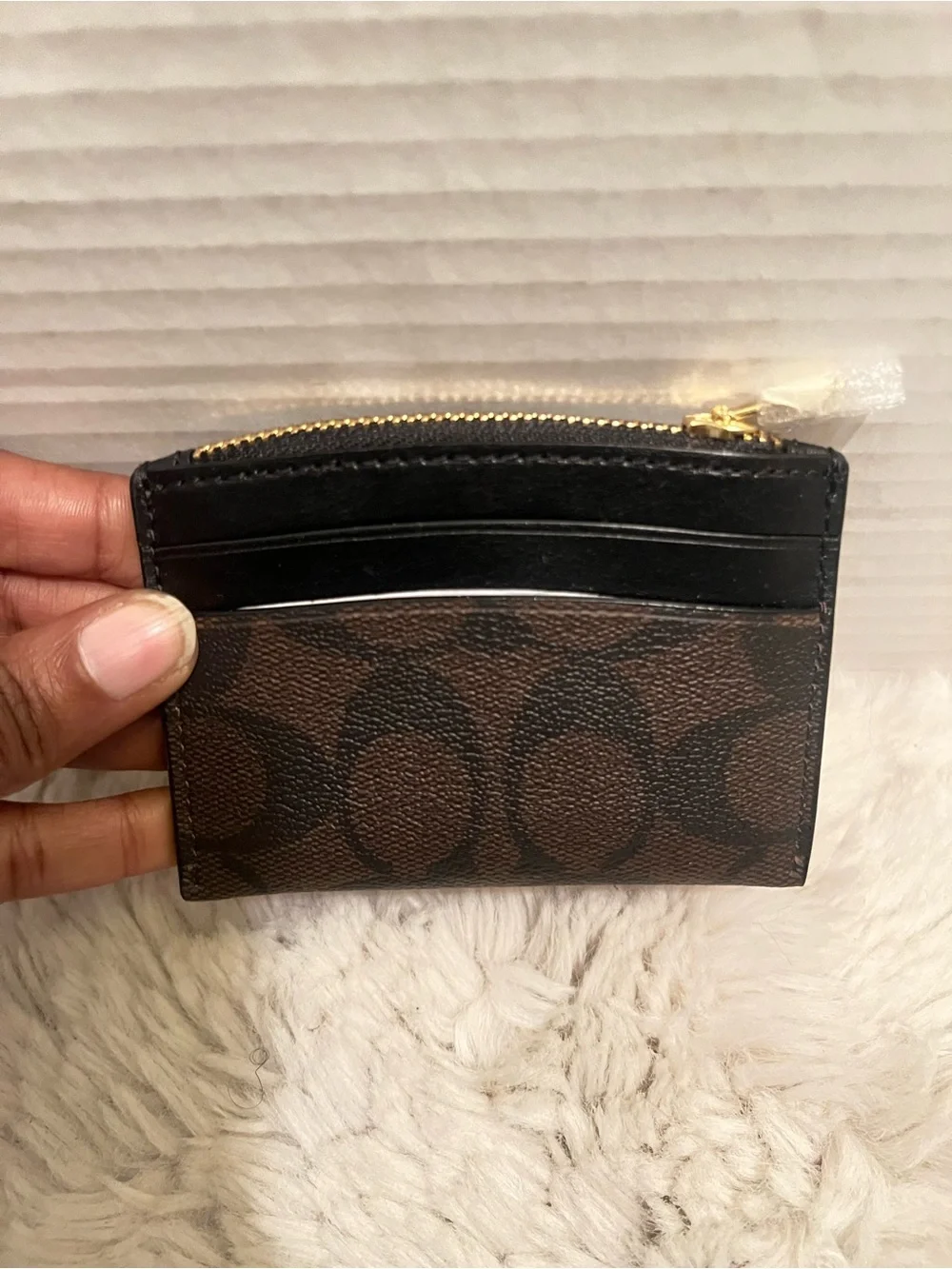 Coach Brown and Black Signature Card Holder with Gold Logo